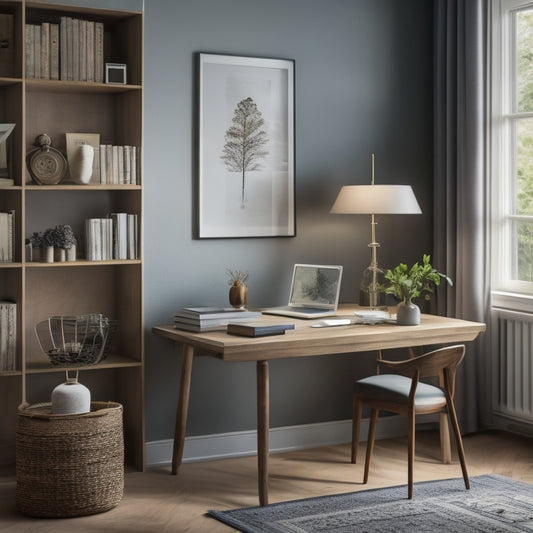 A serene, minimalist room with a single, elegant wooden desk, a few, carefully chosen decorative objects, and a small, neatly organized stack of books, surrounded by empty, clutter-free space.