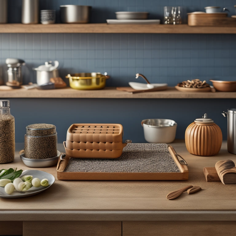 A clutter-free kitchen countertop with three identical, wooden, rectangular trays in a row, each containing a few neatly arranged kitchen essentials like a toaster, utensils, and spices.