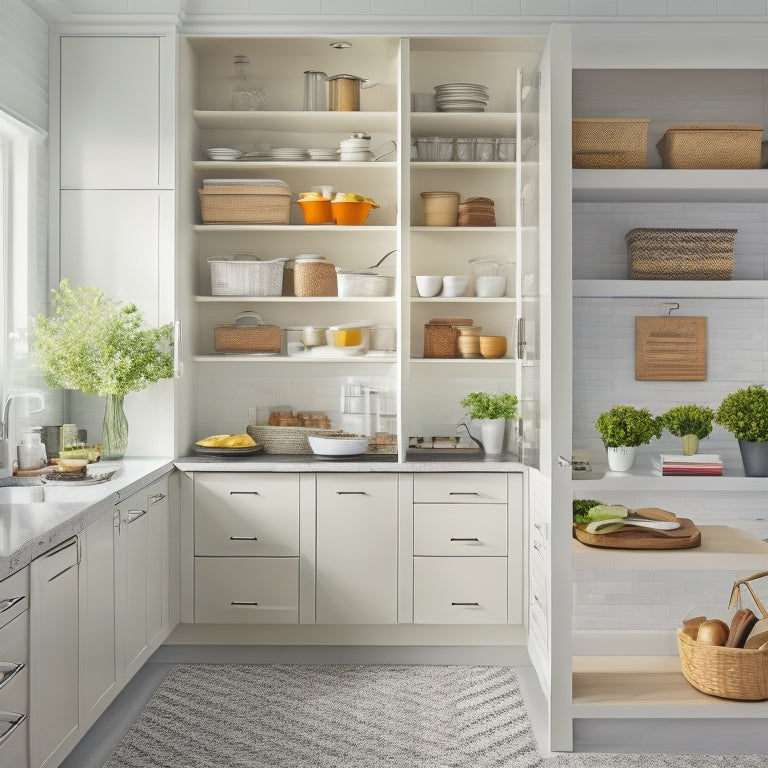 A bright, modern kitchen with sleek, white cabinets, adorned with gleaming chrome handles, and filled with organized utensils, cookbooks, and dinnerware, showcasing a perfectly arranged pantry and clever storage solutions.