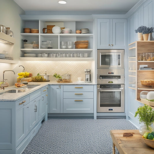 A bright, modern kitchen with a U-shaped layout, featuring a gluten-free baking station with a dedicated counter and utensils, adjacent to a spacious pantry with labeled shelves and a "free-from" section.