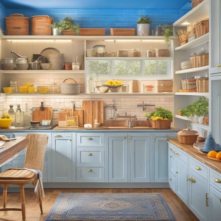 A bright, well-lit kitchen with a corner cabinet featuring a pull-out carousel, baskets, and dividers, showcasing organized cookbooks, spices, and kitchen utensils in a tidy, clutter-free arrangement.