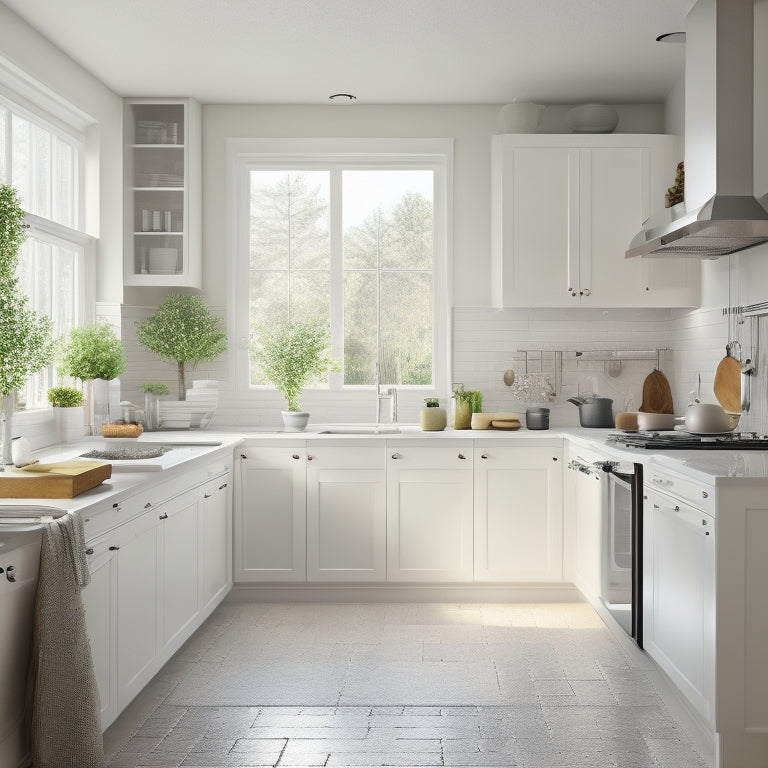 A tidy, L-shaped kitchen with creamy white cabinets, sleek silver appliances, and a few, well-placed pots and utensils, illuminated by a large window with a subtle, natural light.