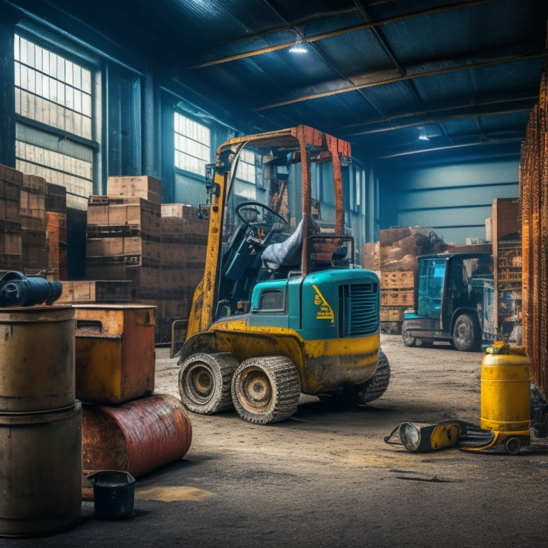 A cluttered warehouse background with a forklift in the center, its metal body slightly rusted and worn, with tools and spare parts scattered around it, and a large, open repair manual lying on a crate nearby.