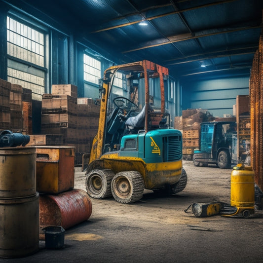 A cluttered warehouse background with a forklift in the center, its metal body slightly rusted and worn, with tools and spare parts scattered around it, and a large, open repair manual lying on a crate nearby.