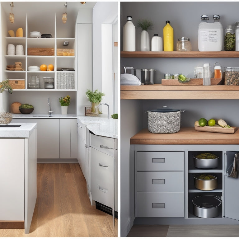 A modern kitchen with sleek, minimalist cabinets, a pull-out pantry with labeled baskets, a built-in utensil organizer, and a touch-sensitive trash can with a pop-up recycling bin.