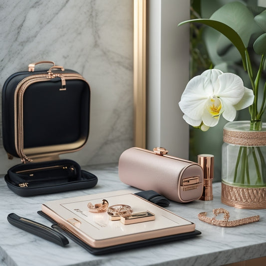 A luxurious, rose-gold luggage set with a sleek, black travel wallet and passport holder on a marble countertop, surrounded by delicate, white orchids and a few strategically-placed, shimmering gemstones.