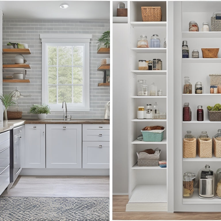 A bright, modern home interior with a minimalist aesthetic, featuring a tidy pantry, a organized laundry room, and a clutter-free kitchen, all showcasing custom cleaning labels on jars, bins, and appliances.