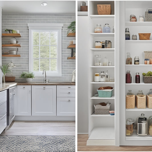 A bright, modern home interior with a minimalist aesthetic, featuring a tidy pantry, a organized laundry room, and a clutter-free kitchen, all showcasing custom cleaning labels on jars, bins, and appliances.