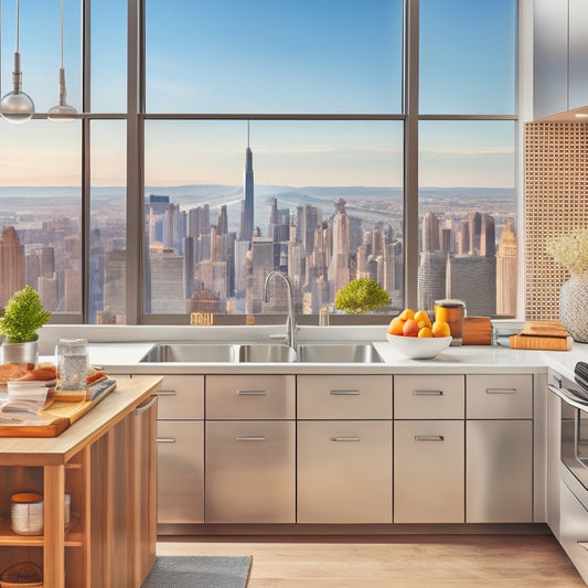 A bright, modern kitchen with sleek countertops, a stainless steel sink, and a large window with a cityscape view, featuring a tidy array of storage solutions: shelves, baskets, and a pegboard.