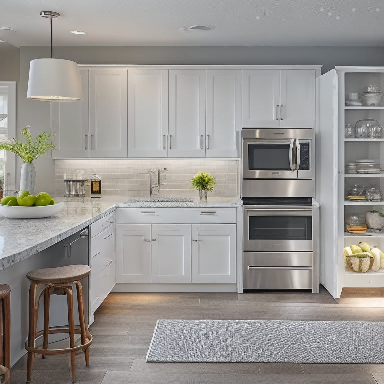 A well-lit, modern kitchen with sleek, white cabinets, featuring a mix of open shelving, pull-out drawers, and adjustable dividers, surrounded by gleaming countertops and stainless steel appliances.