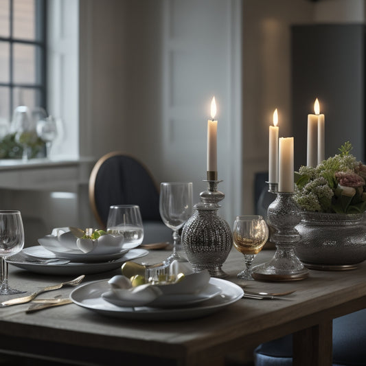 A warmly lit, stylish kitchen setting featuring a curated selection of elegant kitchenware and tableware, including fine china, crystal glasses, and sterling silver utensils, arranged on a beautifully set dinner table.