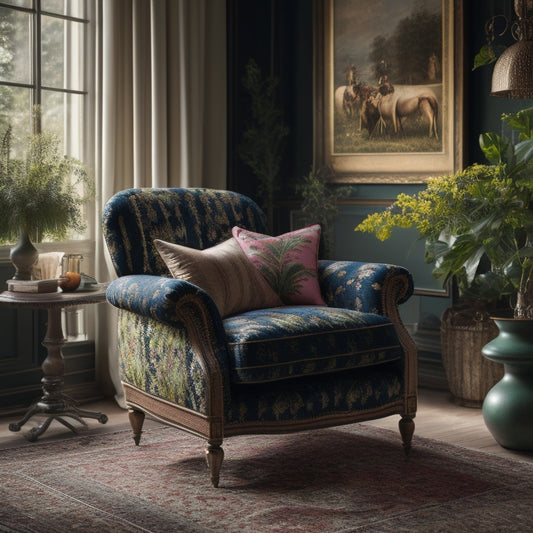 A vintage Living Room scene with a mix of antique furniture and IKEA pieces, featuring a refurbished armchair reupholstered with bold floral fabric, surrounded by lush greenery and warm lighting.