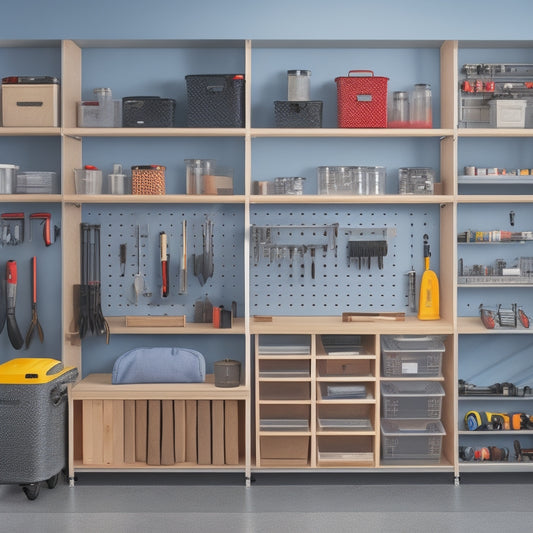 A clutter-free garage or workshop with CozyBlock's Steel Organizer in the center, featuring 10-12 compartments of varying sizes, with tools and equipment neatly arranged and labeled, against a light gray or beige background.