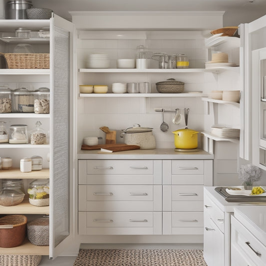 A bright, modern kitchen with cream-colored cabinets, featuring a single, open drawer filled with neatly arranged utensils, cookware, and spices, showcasing a customizable organizer system with dividers and inserts.