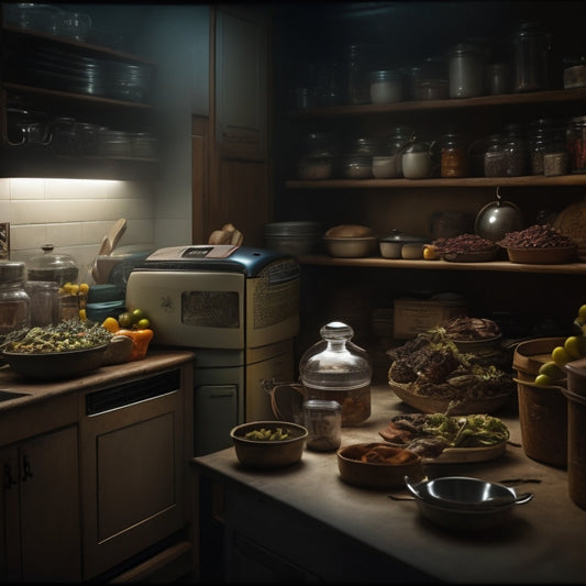 A dimly lit kitchen with a partially open cabinet door, revealing a cluttered interior with expired food, dusty containers, and a few crawling insects amidst the chaos.