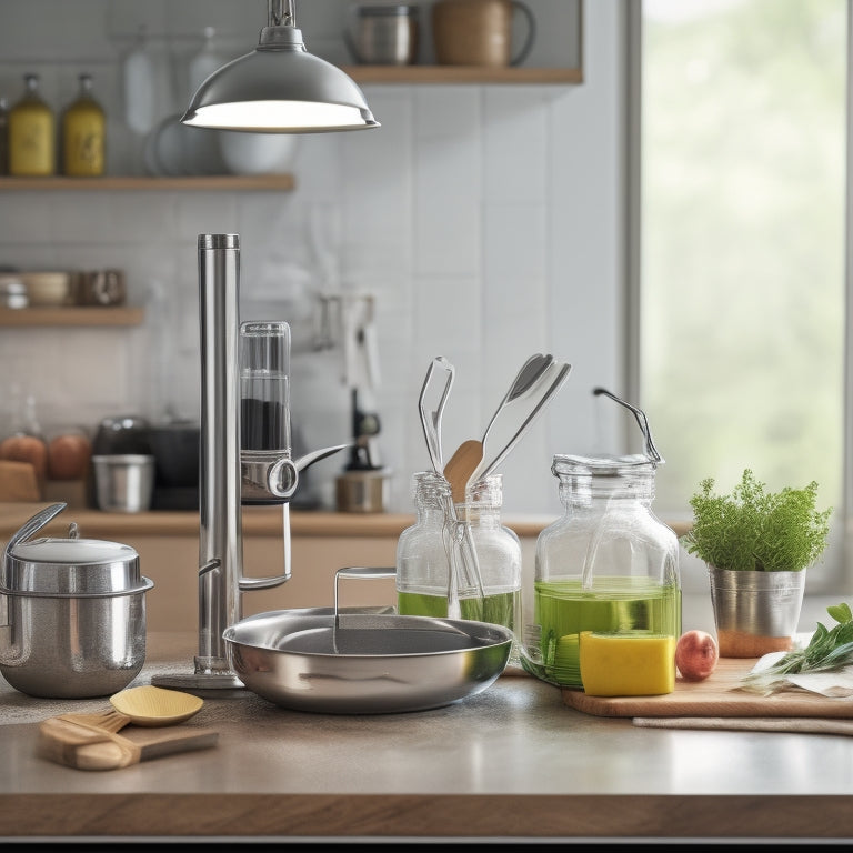 A tidy kitchen counter with a few, carefully curated tools: a stainless steel utensil organizer, a wooden cutting board, a set of stackable glass containers, and a sleek stand mixer.