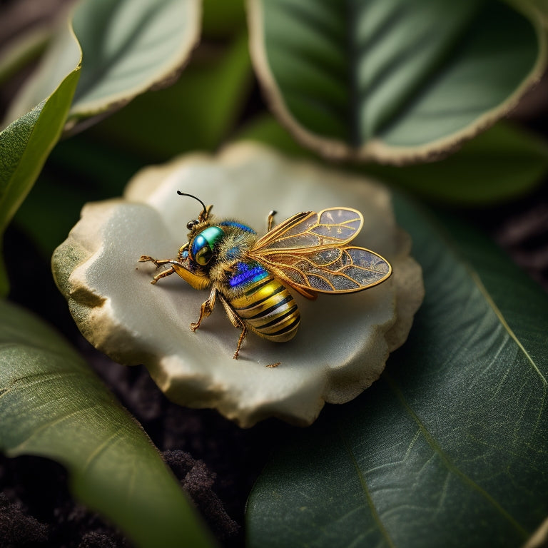 A delicate, golden bee pin with iridescent enamel wings, perched on a lush green leaf, surrounded by subtle, earthy textures and soft, warm lighting, evoking luxury and eco-friendliness.