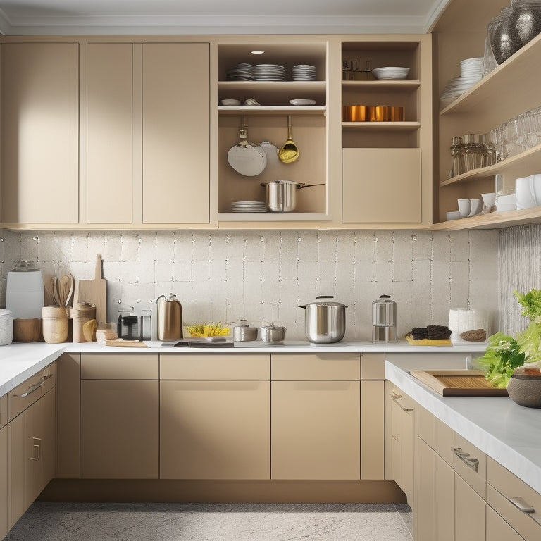 A modern kitchen with sleek, minimalist cabinets, featuring a pull-out utensil organizer with dividers, a hidden spice rack, and a retractable pot lid holder, amidst a warm, inviting atmosphere with soft, golden lighting.