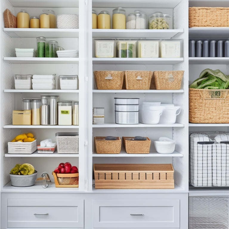 A bright, organized pantry with sleek, white adjustable shelves, baskets, and bins, showcasing neatly stacked canned goods, cookbooks, and kitchen utensils, against a soft, light-gray background.