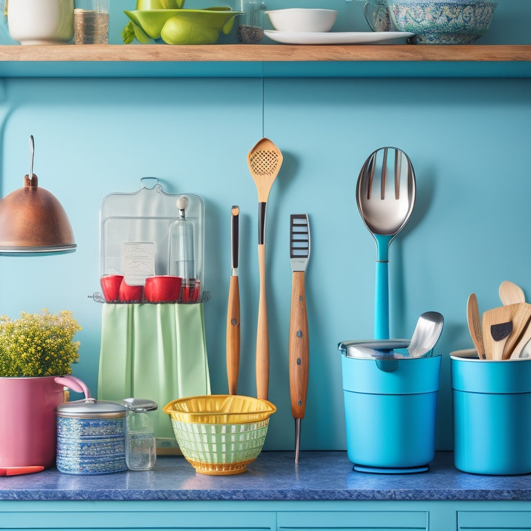 A tidy kitchen with a utensil organizer on the wall, a drawer divider filled with neatly arranged spatulas and whisks, and a ceramic jar on the counter holding a bouquet of colorful kitchen tools.