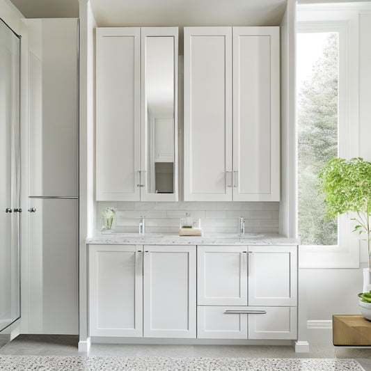 A modern bathroom with a triple-door medicine cabinet featuring mirrored doors, chrome handles, and soft-close hinges, surrounded by sleek white countertops and a minimalist sink.