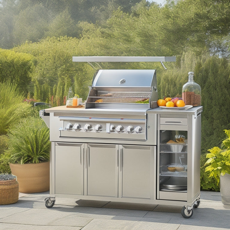 A sleek, stainless steel grilling cart with a large, gas-powered grill, multiple storage drawers, a built-in cutting board, and a utensil holder, set against a warm, outdoor patio backdrop with lush greenery.