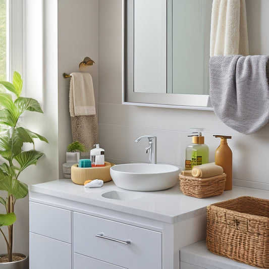 A modern bathroom sink with a sleek, white countertop and a clutter-free surface, surrounded by stylish storage solutions such as woven baskets, a wall-mounted shelf, and a compact cabinet.