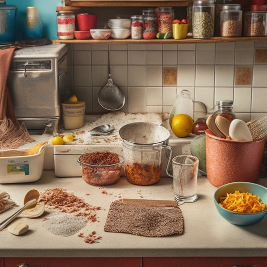 A cluttered kitchen countertop with a jumbled utensil holder overflowing with tangled kitchen tools, surrounded by scattered recipe cards and crumbs, amidst a backdrop of worn, yellowed tiles and worn-out cabinets.