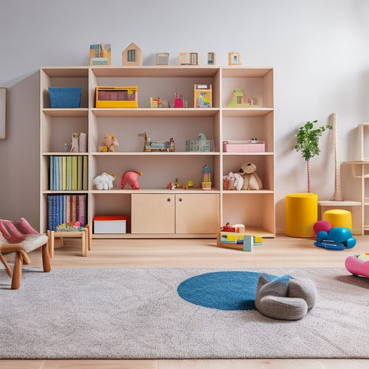 A minimalist, modern playroom with a wooden Montessori play shelf featuring hidden storage compartments, filled with toys and educational materials, surrounded by a few strategically placed, colorful rugs.