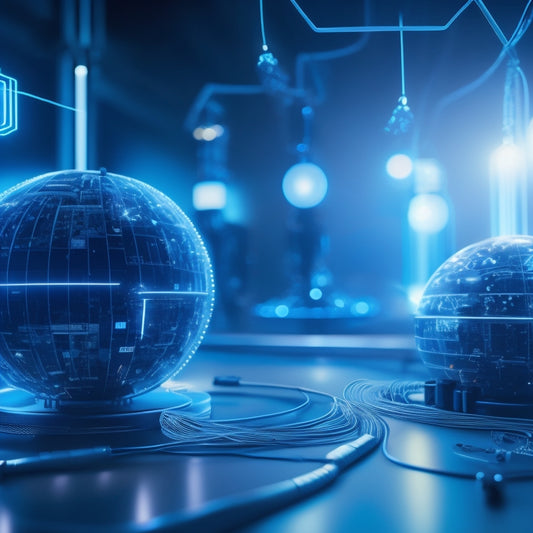 A futuristic illustration of interconnected industrial devices, robots, and machines, with glowing blue circuits and wires, surrounded by a network of pulsing white lines and orbiting spheres.