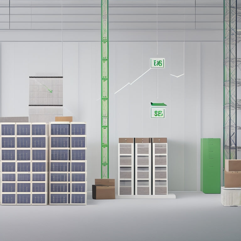 A minimalist illustration featuring a balance scale with a warehouse shelf in the background, filled with neatly stacked boxes, and a few boxes with green checkmarks, surrounded by subtle graphs and charts.