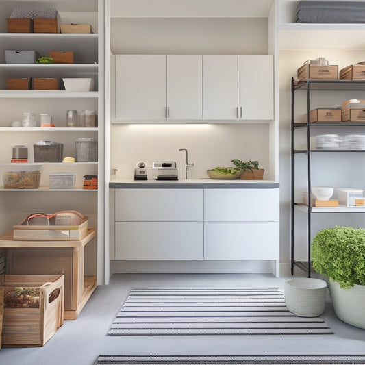 A minimalist, modern home interior with labeled storage bins, baskets, and shelves in various rooms, including a tidy closet, organized kitchen, and clutter-free office space.