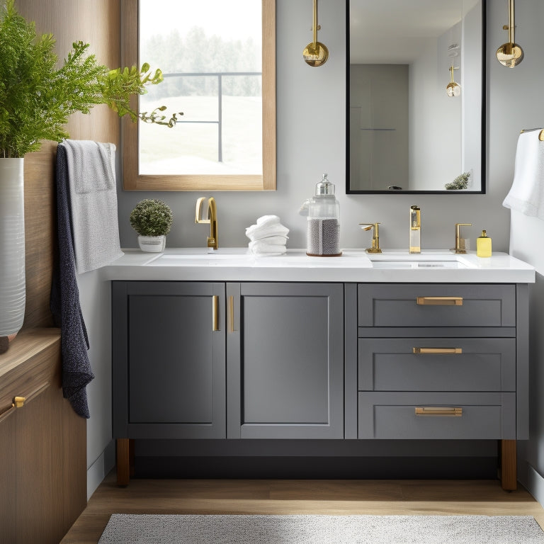 A sleek, modern sink area with a wall-mounted cabinet, slide-out drawer, and a pedestal with built-in storage, surrounded by gleaming countertops and a few strategically placed decorative items.