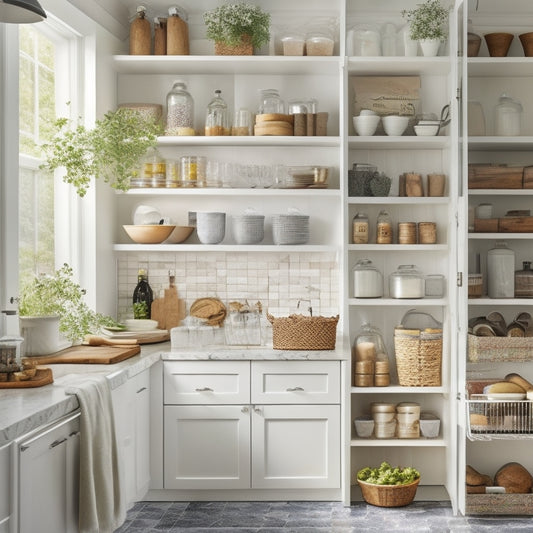 A tidy, light-filled kitchen with a birch tree-inspired wallpaper, featuring a perfectly organized pantry with labeled jars, a utensil holder with a few strategically placed kitchen gadgets, and a few cookbooks stacked on a nearby shelf.