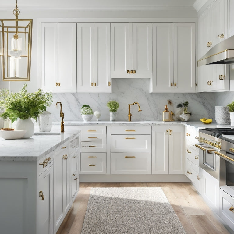 A serene, well-lit kitchen with sleek, white cabinets featuring soft-close drawers and adjustable shelves, adorned with elegant hardware, surrounded by a marble countertop and a few strategically placed decorative vases.