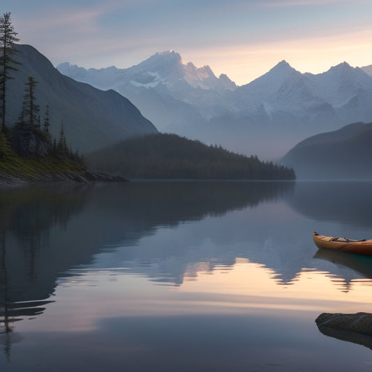 A serene glacier bay at dawn, with misty mountains reflected in calm waters, surrounded by lush greenery, and a solitary kayak drifting towards the glacier's icy face, with a subtle sunrise glow.