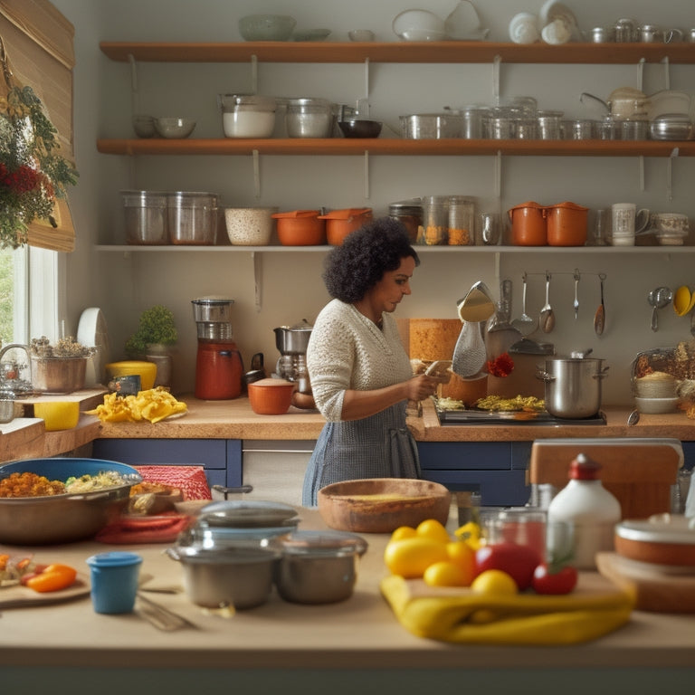 A tidy kitchen with a left-handed cook in the background, surrounded by organized utensils and gadgets, with a prominent "lefty-friendly" spice rack and a countertop with ample negative space.