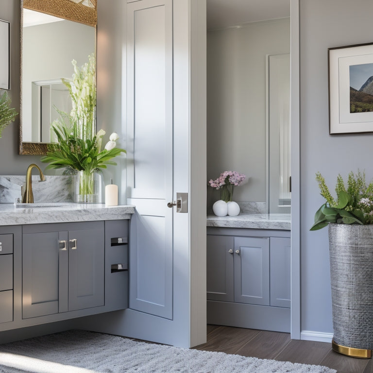 A serene guest bathroom with a modern, wall-mounted cabinet featuring a mirrored door, surrounded by sleek, gray countertops, and a decorative vase with fresh flowers on the countertop.