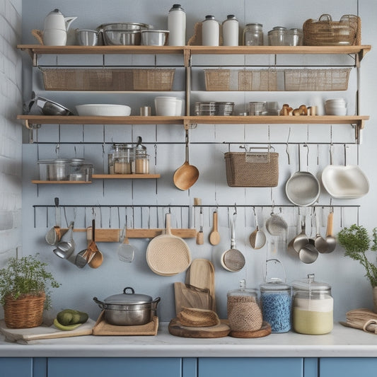 A tidy kitchen with a pegboard on a wall, holding utensils and pots, alongside a cart with labeled baskets and a countertop with a utensil organizer and a few neatly arranged jars.