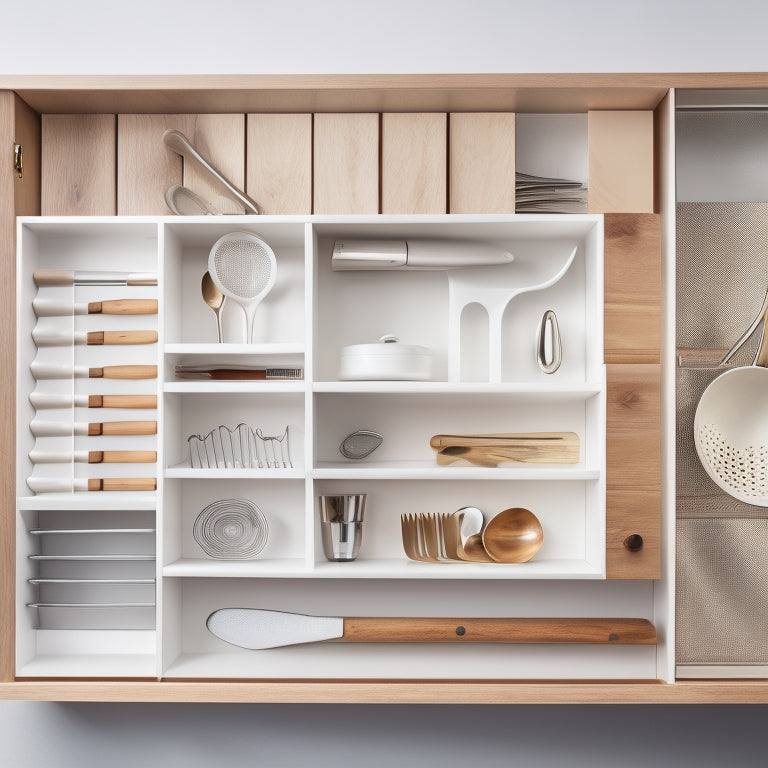 A serene, well-lit kitchen drawer with various utensil organizers in different materials (wood, metal, silicone) and shapes ( trays, dividers, inserts) holding kitchen tools, against a clean, white background.