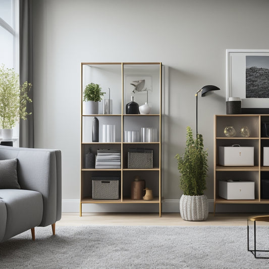 A minimalist, modern living room with a clutter-free shelf, storage bins, and a labeled cabinet, surrounded by a few trendy decorative items, conveying a sense of organized simplicity.