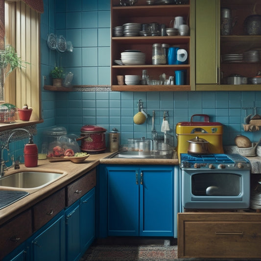 A cluttered kitchen with two unusable corners: one with a narrow, dark space between the countertop and wall, and another with a awkwardly-placed pipe and wasted space above a cabinet.