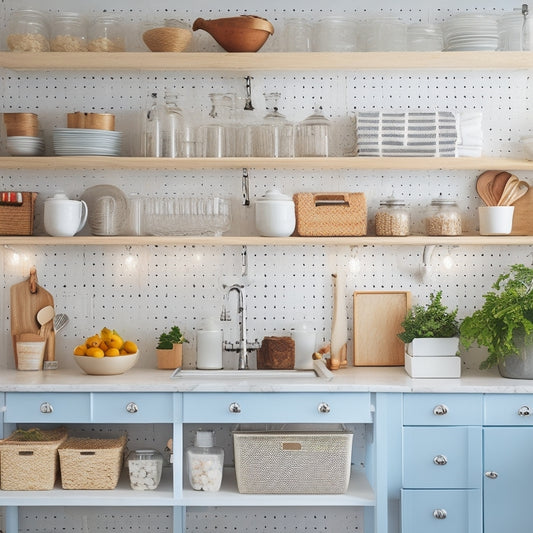 A bright, organized small kitchen with a pegboard on the wall, a utensil organizer on the counter, and a cart with labeled baskets, against a clean white background with natural light.