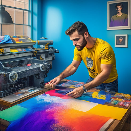 An illustration of a person wearing a custom-printed t-shirt, surrounded by scattered t-shirt templates, paint swatches, and design tools, with a large, colorful print press in the background.