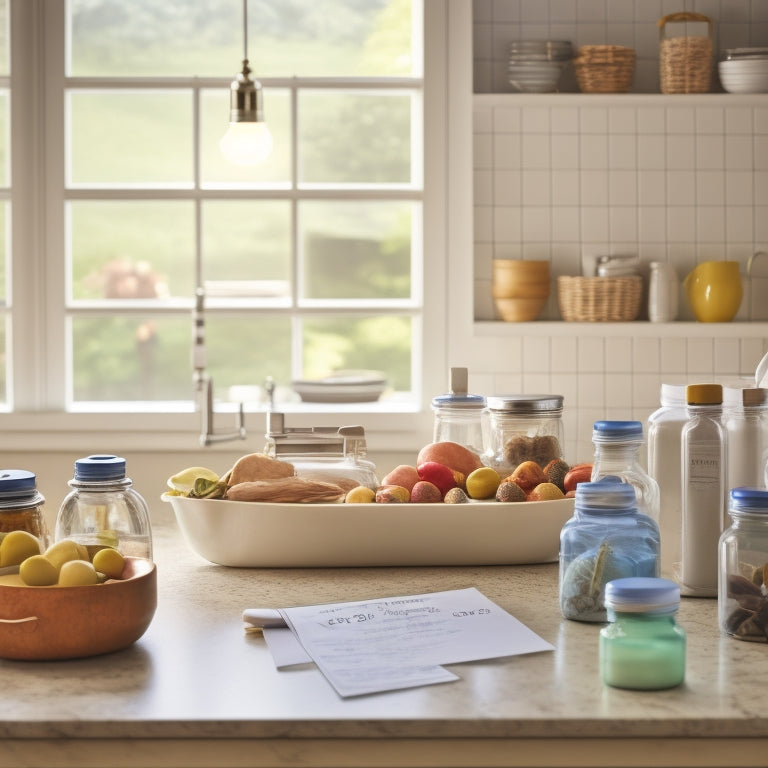 A clutter-free kitchen countertop with a few strategically placed jars, a utensil organizer, and a small whiteboard with a faint to-do list, surrounded by a blurred background of happy family chaos.