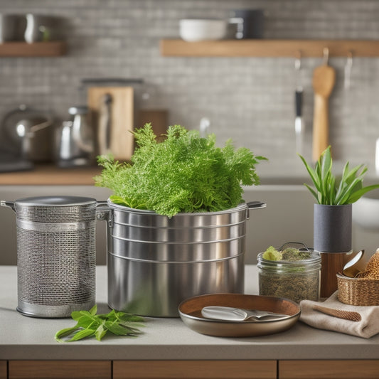 A tidy kitchen counter with a wooden utensil organizer, a stainless steel canister, a wire spice rack, and a small trash can with a recycling symbol, surrounded by a few fresh herbs.