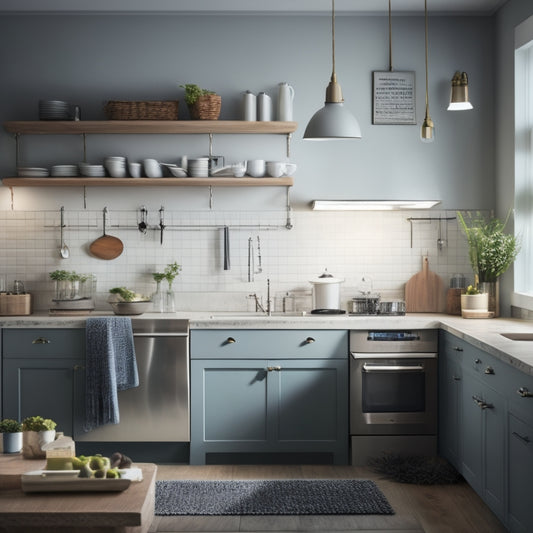 A serene, well-lit kitchen with sleek, empty countertops, a spotless sink, and a few, carefully arranged cooking utensils hanging from a pegboard, surrounded by minimal, matching appliances.