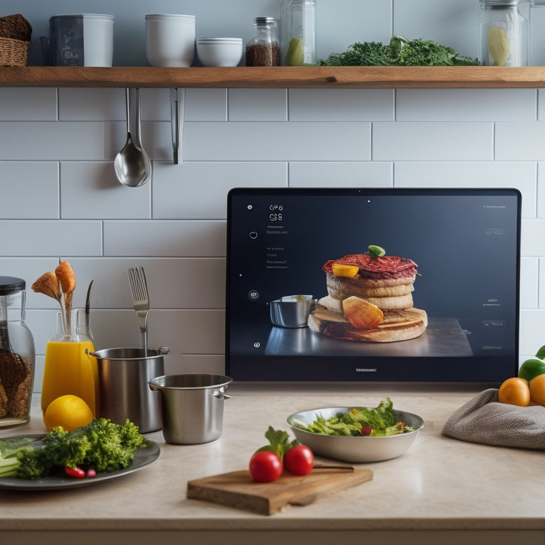 A modern kitchen with a chef's tablet mounted on the wall, displaying a kitchen app, surrounded by utensils, ingredients, and a partially prepared meal, with a subtle Android logo in the corner.