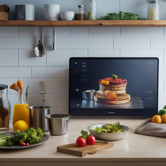 A modern kitchen with a chef's tablet mounted on the wall, displaying a kitchen app, surrounded by utensils, ingredients, and a partially prepared meal, with a subtle Android logo in the corner.