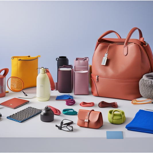 A clutter-free workspace with a tidy arrangement of colorful bags, neatly coiled cables, and organized accessories, set against a minimalist white background with subtle shadows and soft lighting.